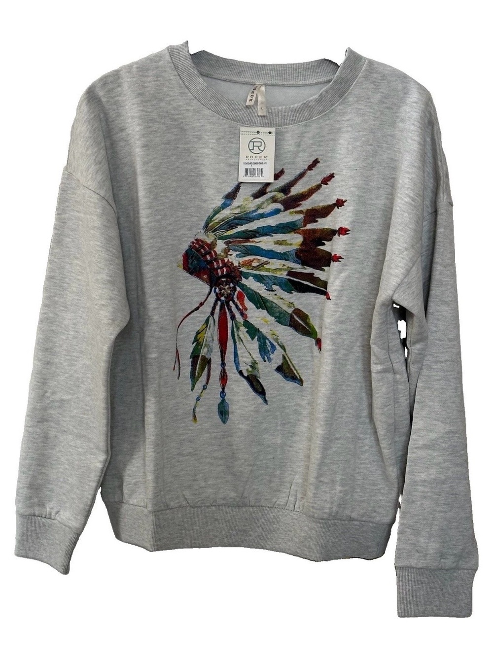 Roper Western Sweatshirt Large Gray Headdress Graphic Crewneck Aztec Warrior